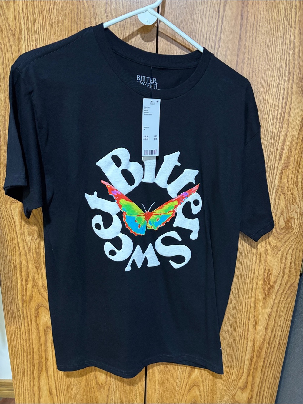 Bitter Sweet Black Tee with Colorful Butterfly Graphic